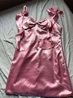 Beginning Boutique Pink Satin Mini Dress with Ruffle Straps